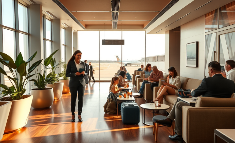 Illustration des salons VIP dans les aéroports, mettant en avant le confort et les services offerts.
